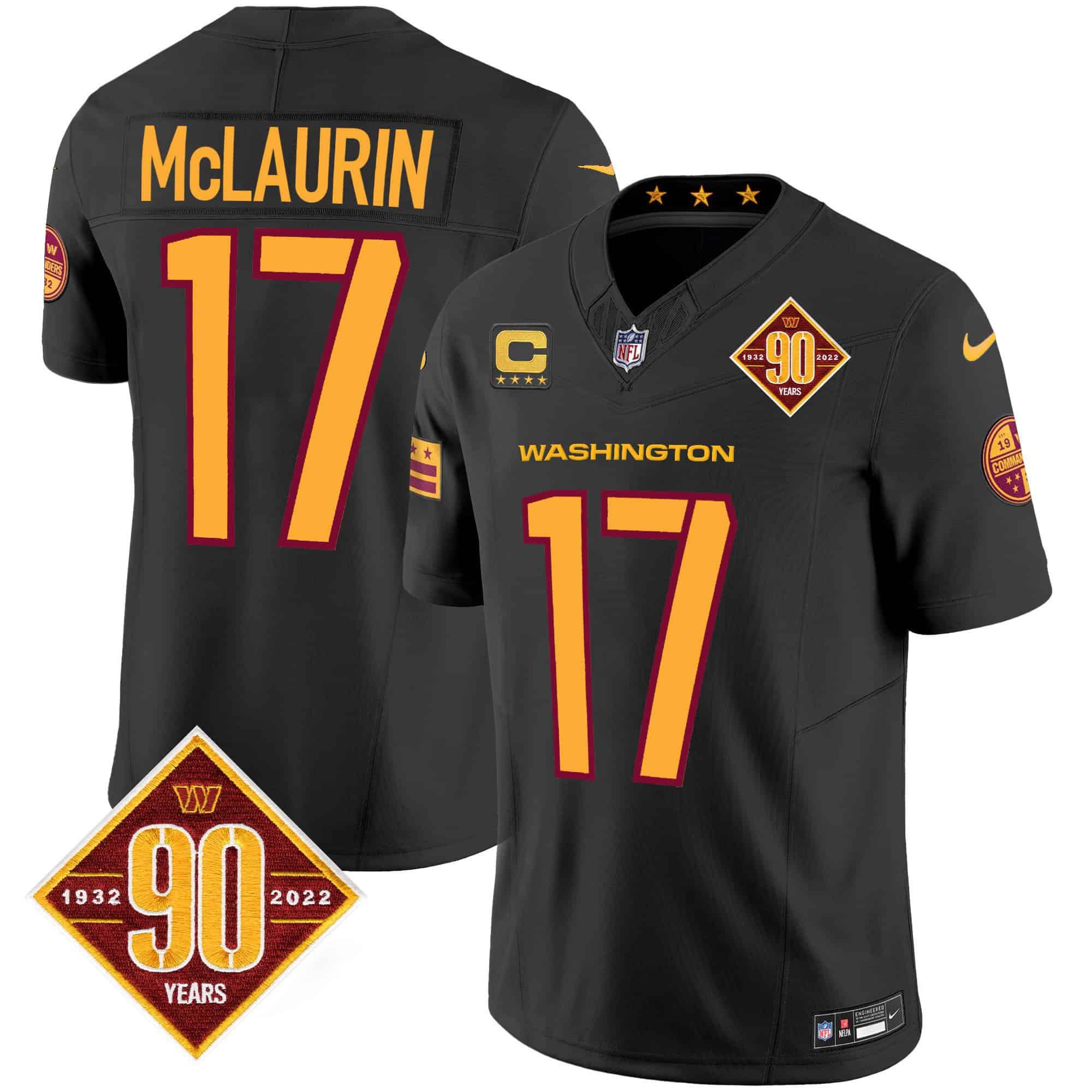Men Washington Commanders 17 Mclaurin Black 90th Anniversary Patch 2024 Nike Vapor Limited NFL Jersey style 1